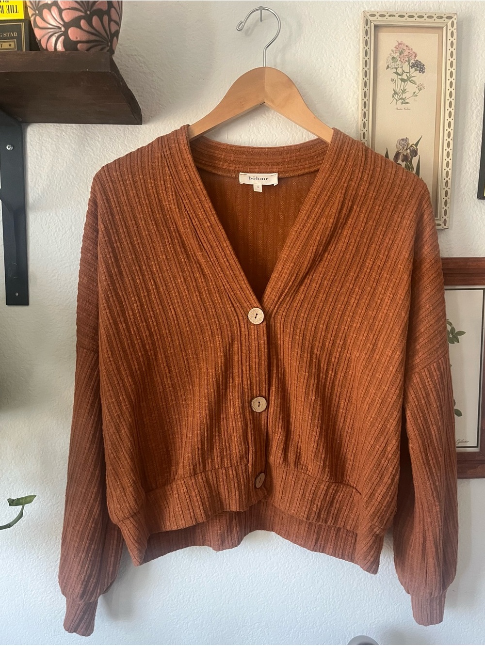 Bohme Rust Ribbed V-Neck Button Cardigan